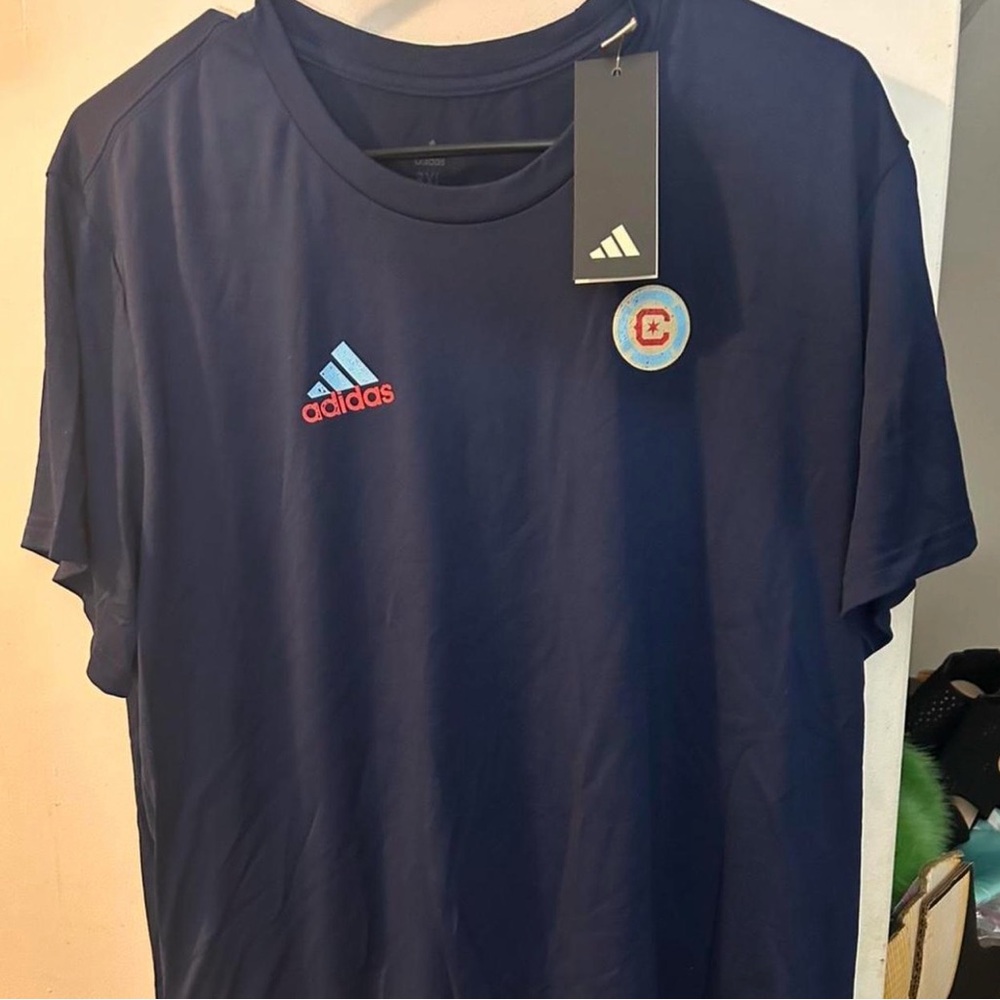 adidas Men’s Navy Short-Sleeve Athletic Tee with Light Blue Logo